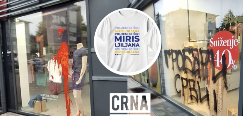 Doboj: Izlog prodavnice išaran grafitima i poliven bojom nakon postavljanja majice podrške reprezentaciji BiH Doboj: Izlog prodavnice išaran grafitima i poliven bojom nakon postavljanja majice podrške reprezentaciji BiH