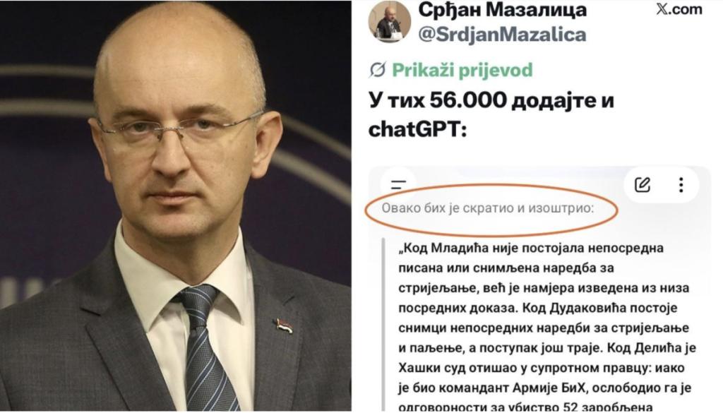 Dodikov zastupnik Mazalica tražio od ChatGPT-a da mu kaže nešto lijepo o Mladiću