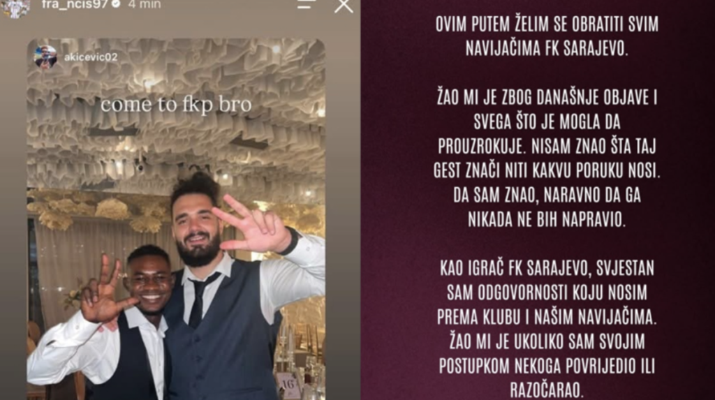 Igrač FK Sarajevo dizao tri prsta pa uputio izvinjenje: Nisam ni znao šta taj gest znači Igrač FK Sarajevo dizao tri prsta pa uputio izvinjenje: Nisam ni znao šta taj gest znači